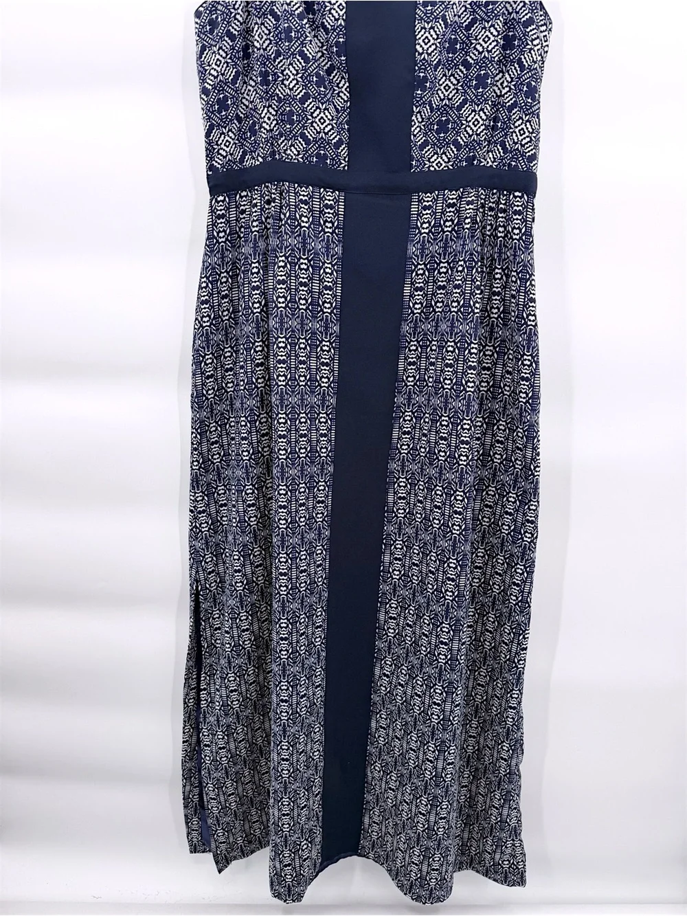 J.Crew Navy White Geometric Print Strappy Maxi Dress Side Slit Size 12